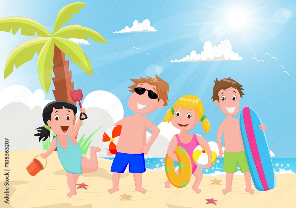 illustration of happy kids playing on the summer beach