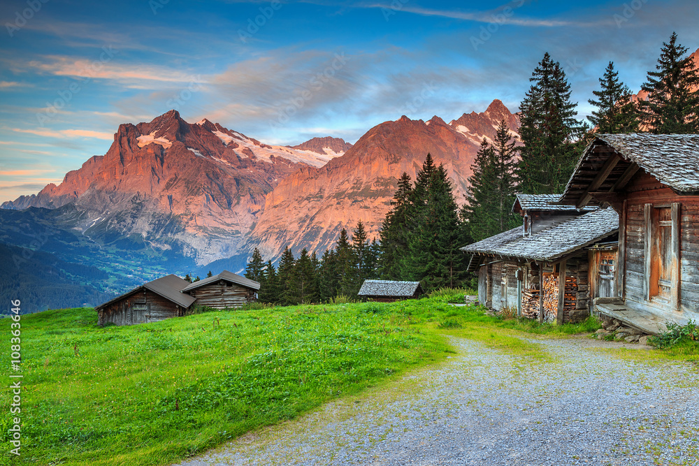 Alpine rural landscape with old wooden chalets,Grindelwald,Switzerland,Europe