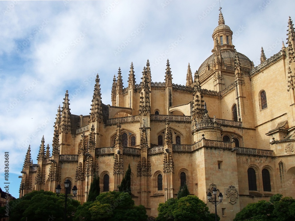Gothic style spires and dome of the Cathedral of Segovia in Castile and Leon Province of Spain