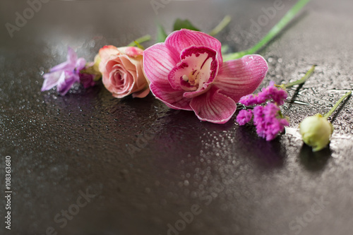 flowers pink water drops on a dark wooden background