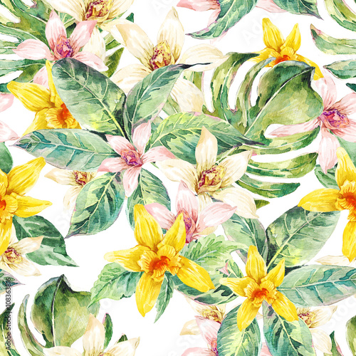 Natural leaves watercolor seamless pattern  flower orchid