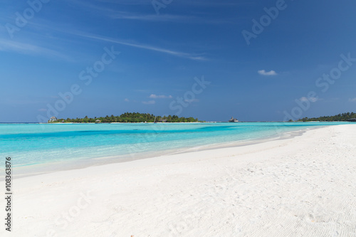 maldives island beach with palm tree and villa