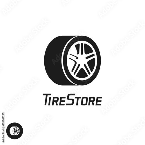Tire store vector logo template isolated on white background, black and white abstract wheel with disk symbol, flat simple icon design, creative emblem, trendy brand sign