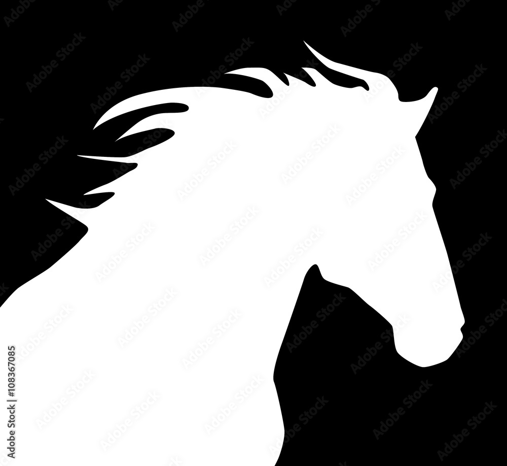 A silhouette of a horse's head in a black square.  - obrazy, fototapety, plakaty 