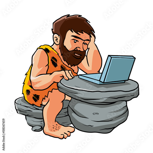 Cartoon caveman using a laptop. 