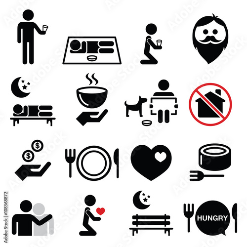 Homeless, poverty, man begging for money icons set 