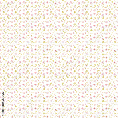 Watercolor seamless pattern with pink flowers and branches.