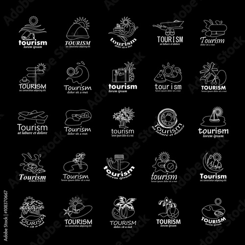 Summer Icons Set-Isolated On Black Background.Vector Illustration,Graphic Design.Collection Of Vacation Icons. Travel Concept