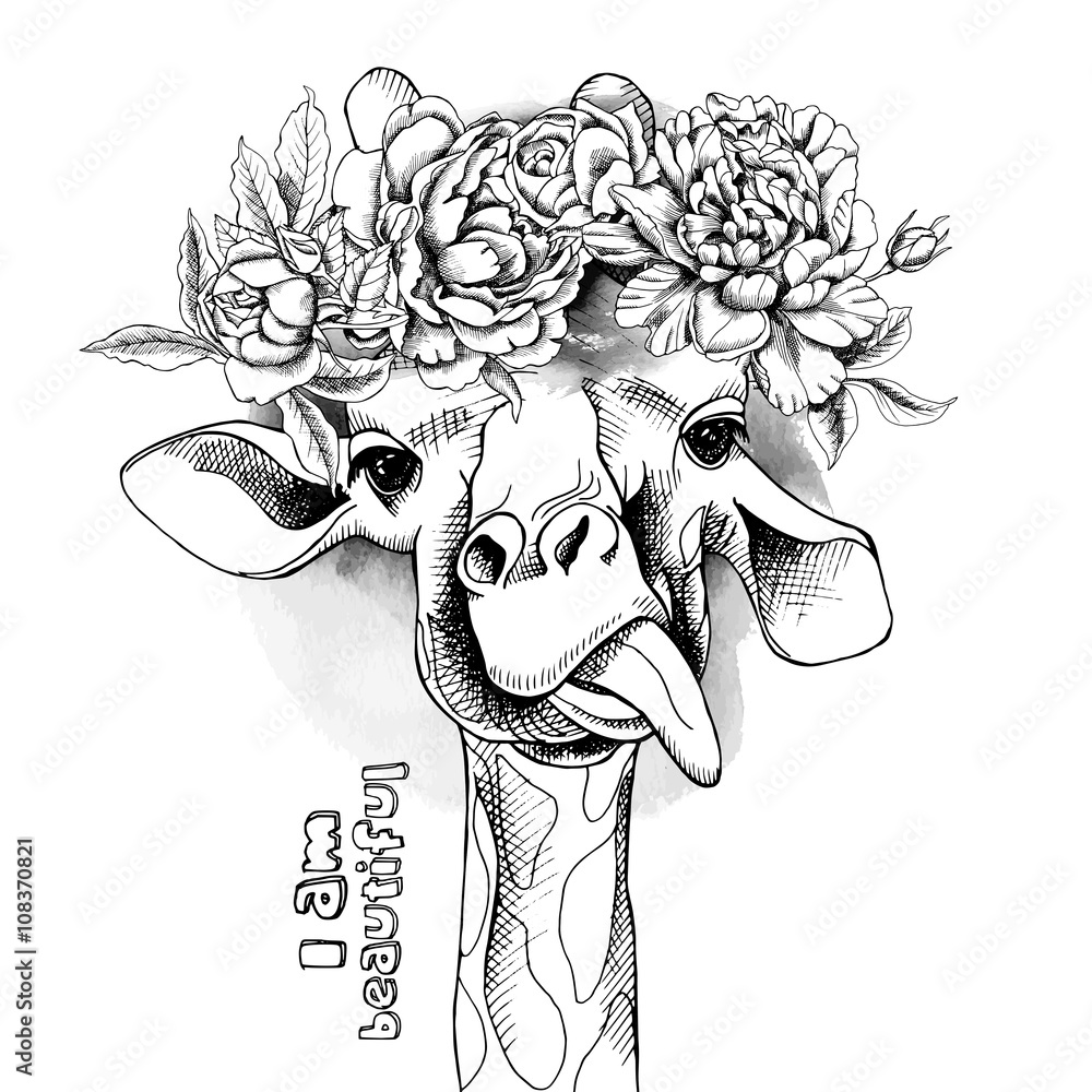 Αυτοκόλλητο Image Portrait of a giraffe in the flowers. Vector illustration.