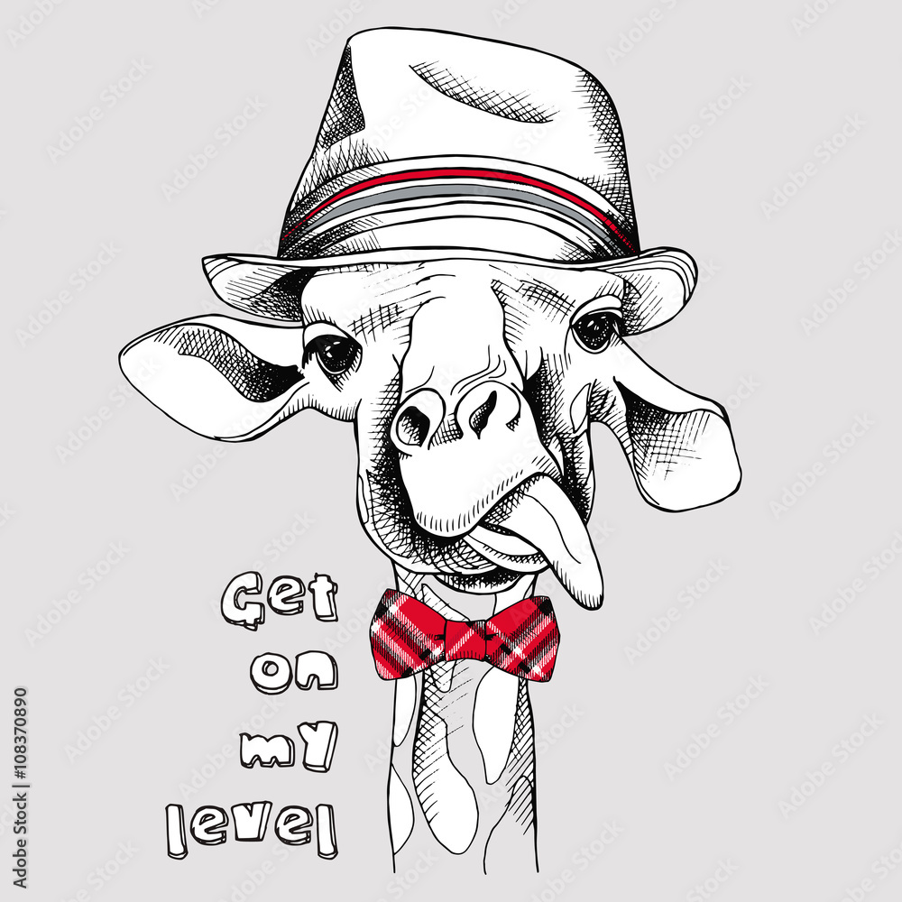 Obraz premium Image of portrait of a giraffe in the bow and in the hat. Vector illustration.