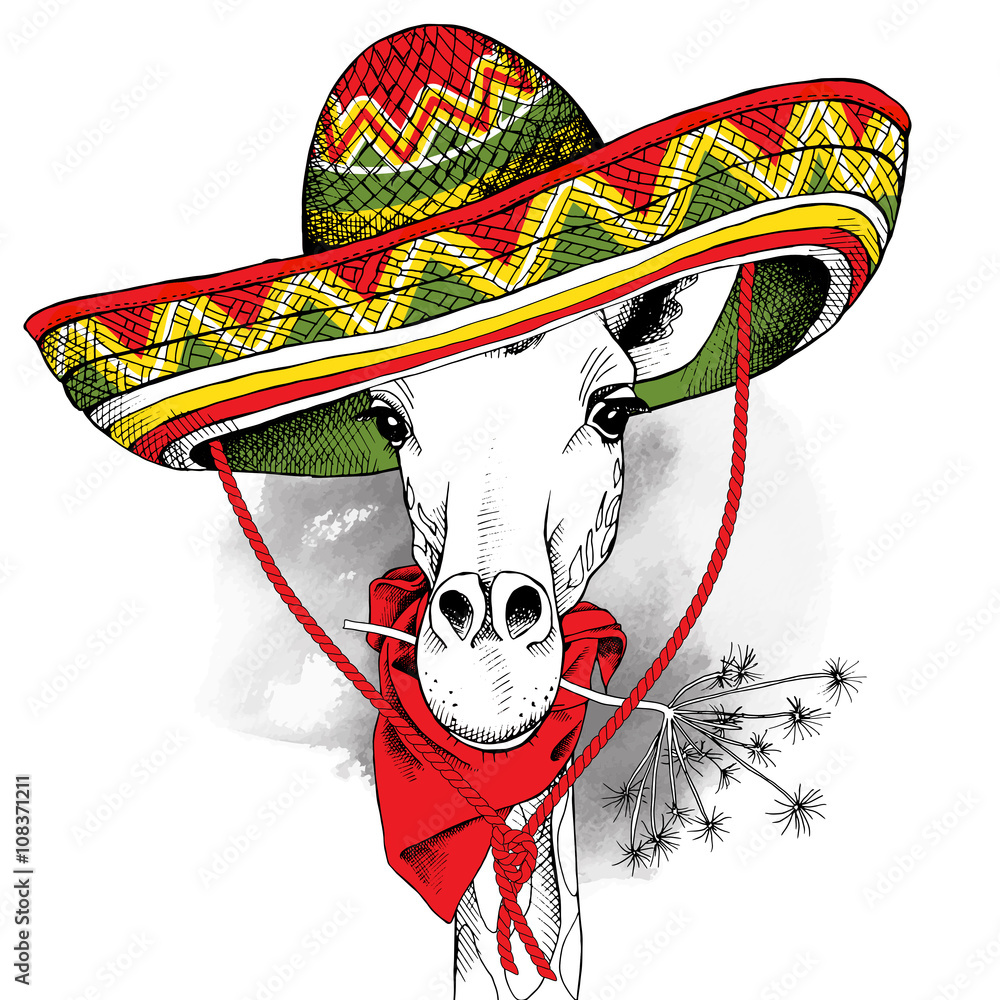 Fototapeta premium Poster with the image of the giraffe in a Mexico sombrero. Vector illustration.