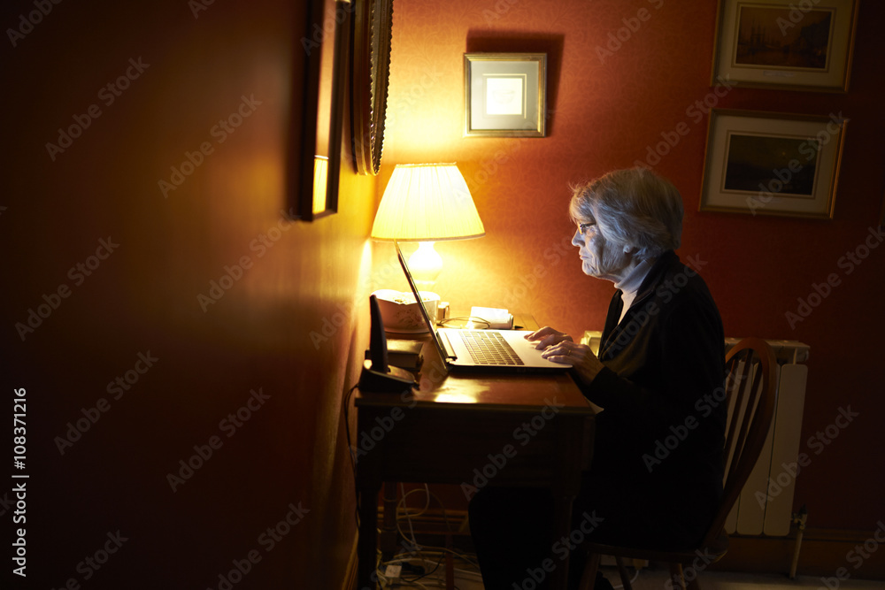 Senior Woman At Home Using Laptop Computer At Desk Senior Woman At Home Using Laptop Computer At Desk