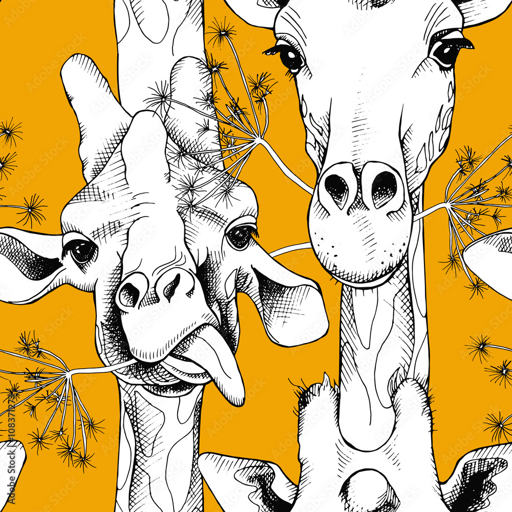 Fototapeta premium Seamless pattern with the image of giraffes munching grass. Vector black and white illustration.