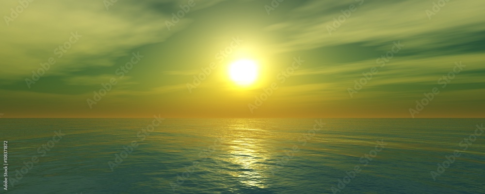 Panoramic sea sunset, ocean sunrise, the light above the water