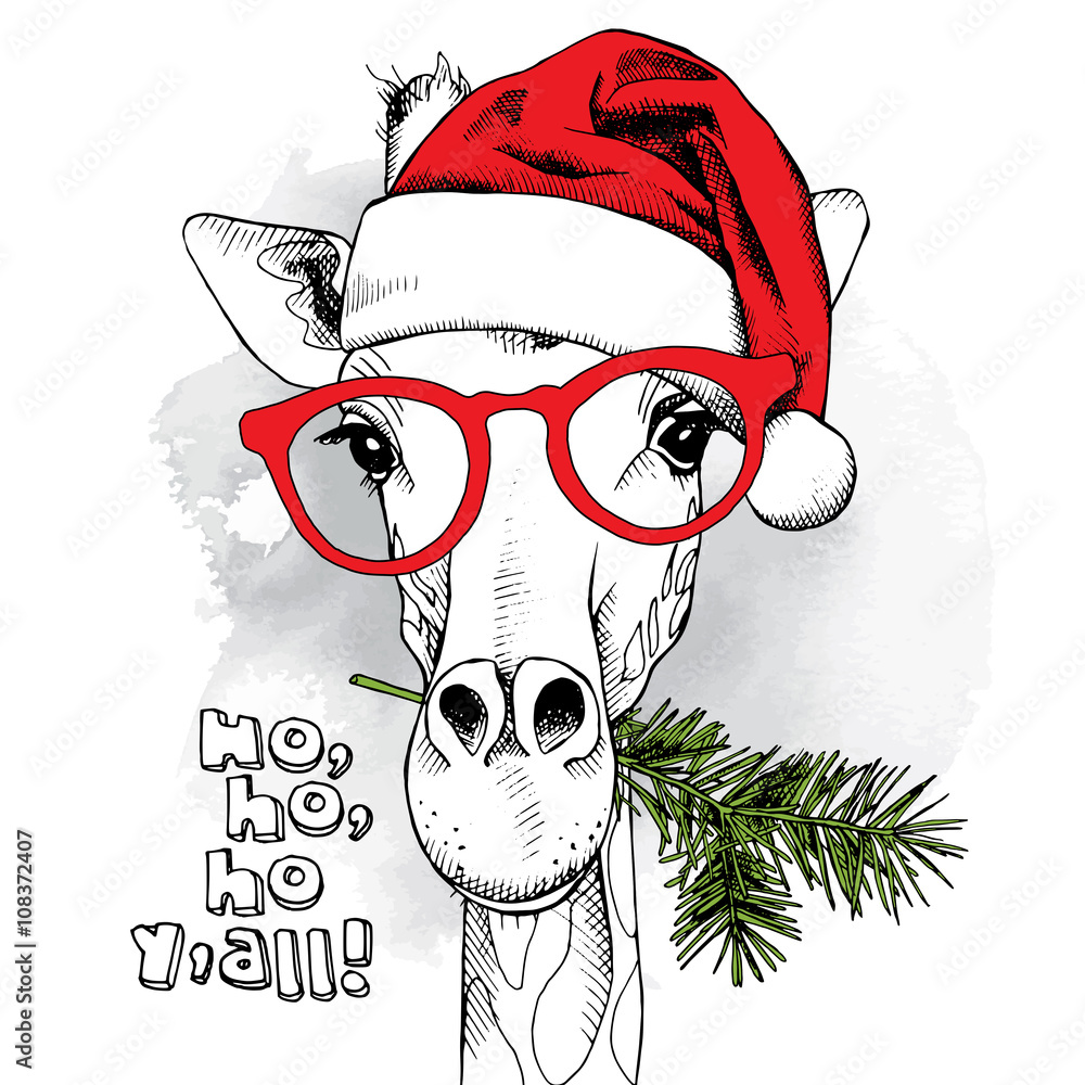 Fototapeta premium The christmas poster with the image giraffe portrait in Santa's hat and in the glasses with pine branch. Vector illustration.