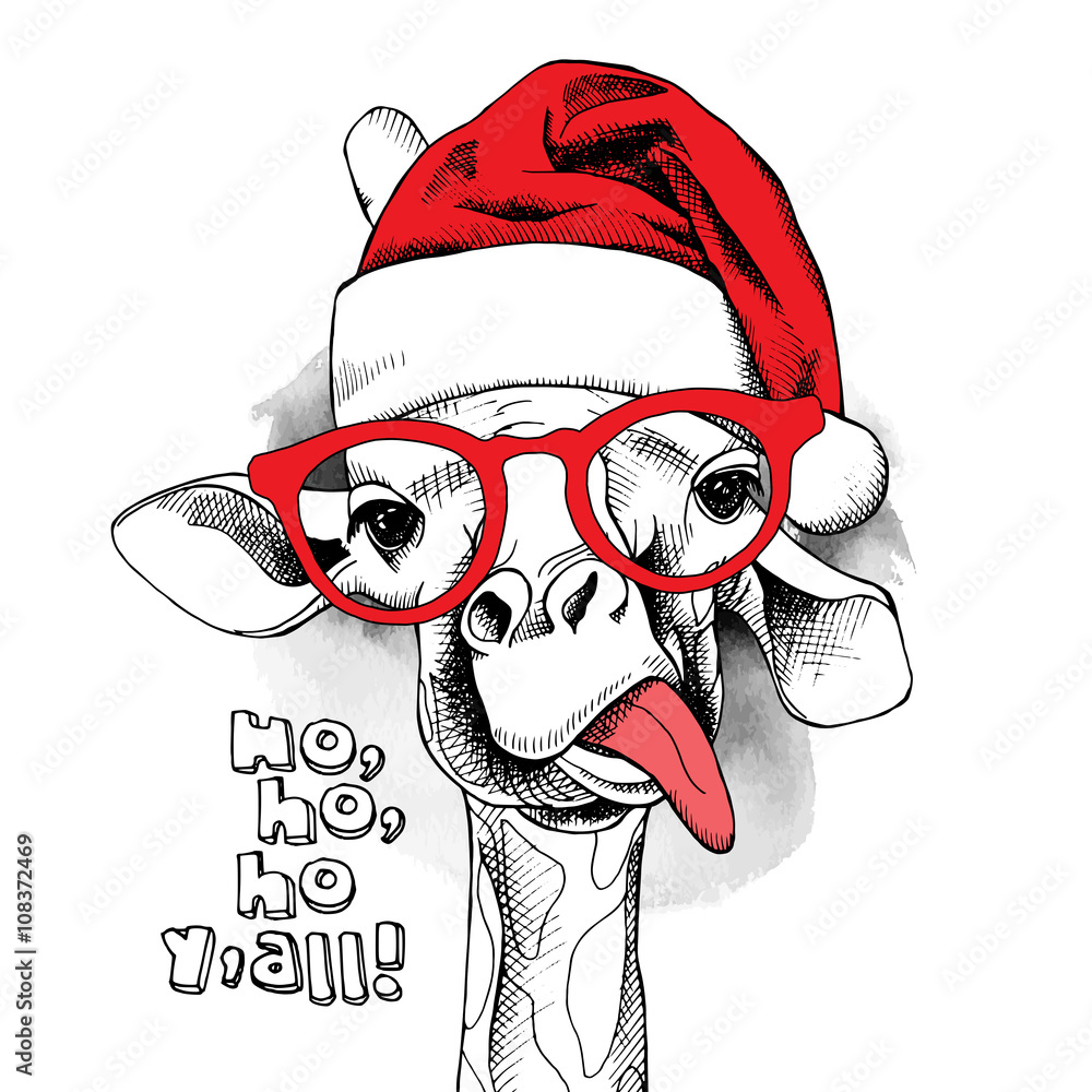 Fototapeta premium The christmas poster with the image giraffe portrait in Santa's hat and in the glasses. Vector illustration.