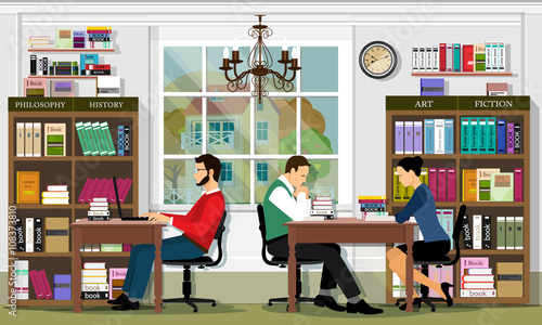 Stylish graphic library interior with furniture and people. Reading area of the library. Detailed vector set: books, bookshelves, bookcases, tables, people. Flat style vector illustration. 