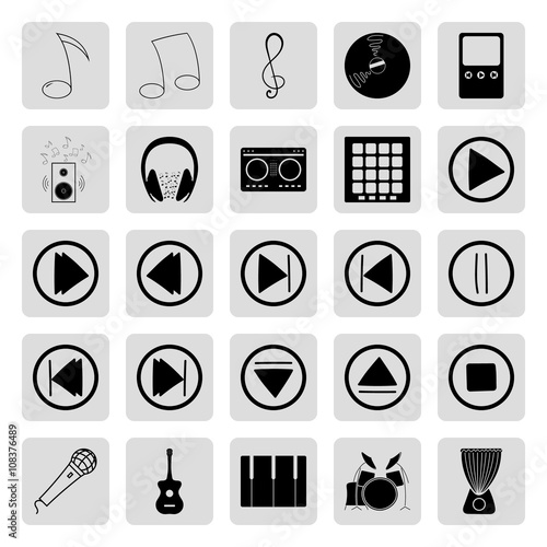 Music buttons instruments and dj 25 simple icons set