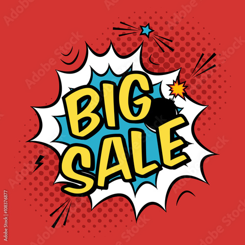 Vector colorful pop art illustration with big sale discount promotion. Decorative template with halftone background and bomb explosion in modern comics style.