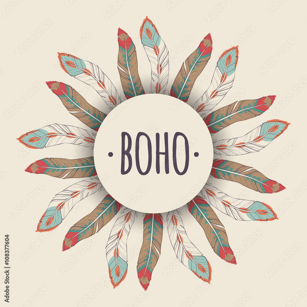 Vector ethnic illustration with feather frame in boho style. Tribal ...