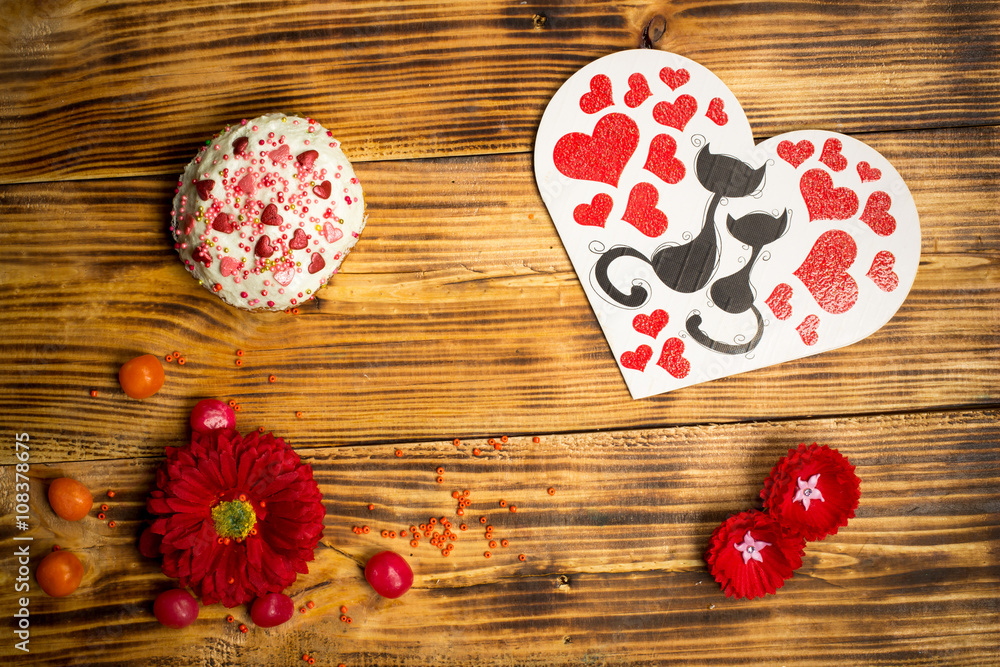 Love family card, sugar cake, red flowers wooden table Love family card, sugar cake, red flowers wooden table