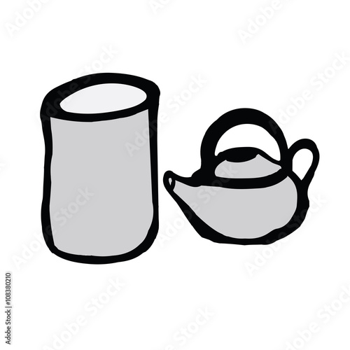 Japanese tea cup and teakettle in hand draw