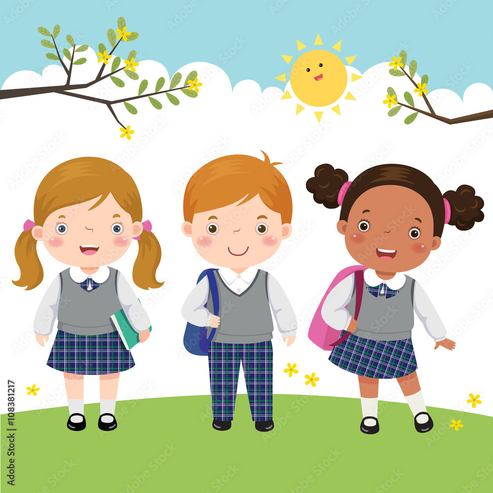 Three kids in school uniform going to school Three kids in school uniform going to school