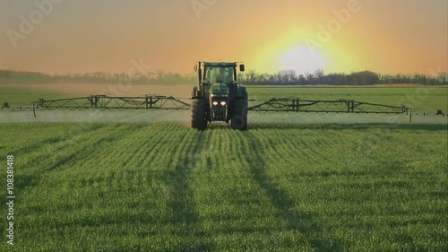 green tractor spraying the wheat field with chemicals in cloudy spring day