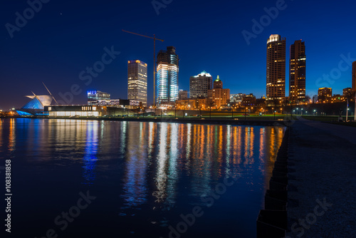 City of Milwaukee Wisconsin at Night lakefront lights reflection in lake Michigan photo