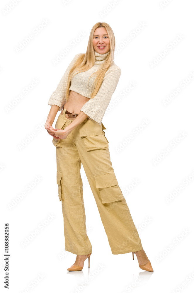 Pretty woman in beige trousers isolated on white Pretty woman in beige trousers isolated on white