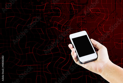 Women hand holding cellphone on technology abstract background