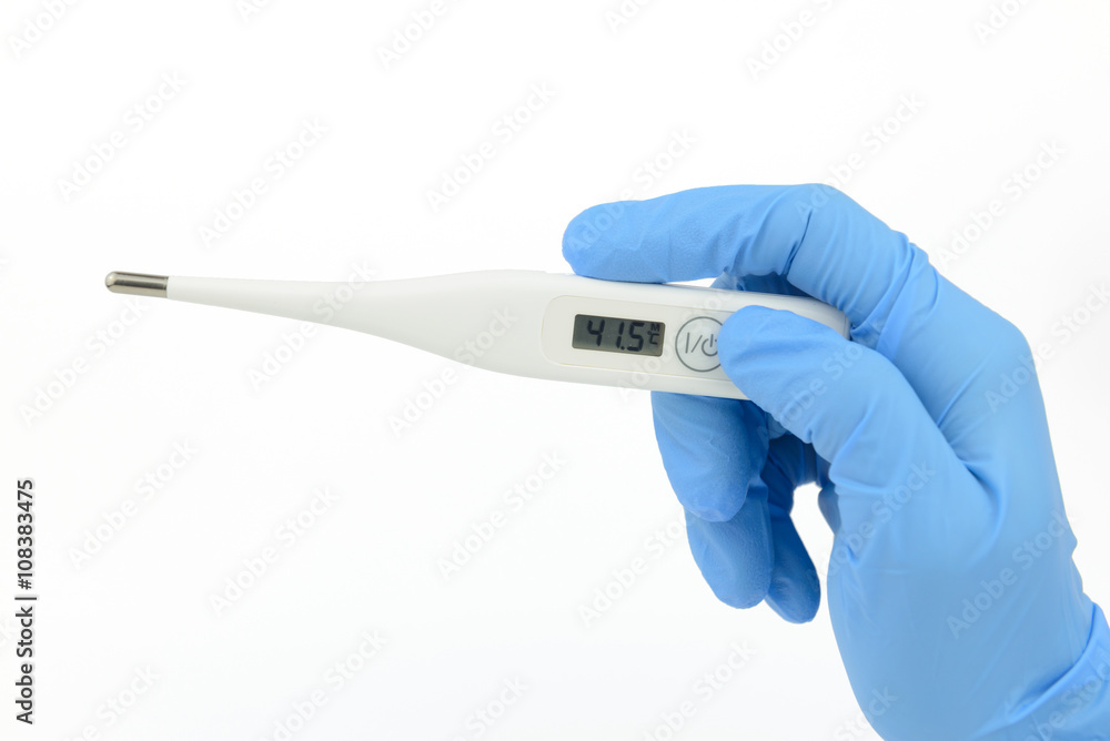 Obraz premium hand held digital thermometer, blue glove
