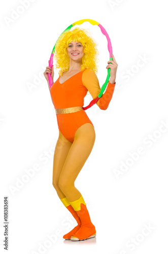 Woman with hula hoop isolated on white