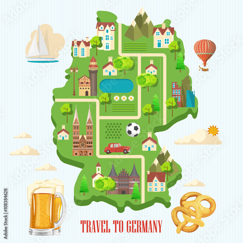 Germany travel poster. Trip architecture concept. Touristic background with landmarks, castles, monuments, german cuisine, beer, sausage, pretzel.