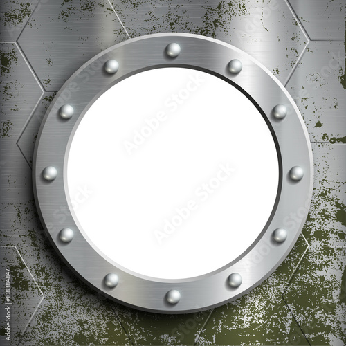 Metal porthole with rivets. Window on the a submarine. Stock vec