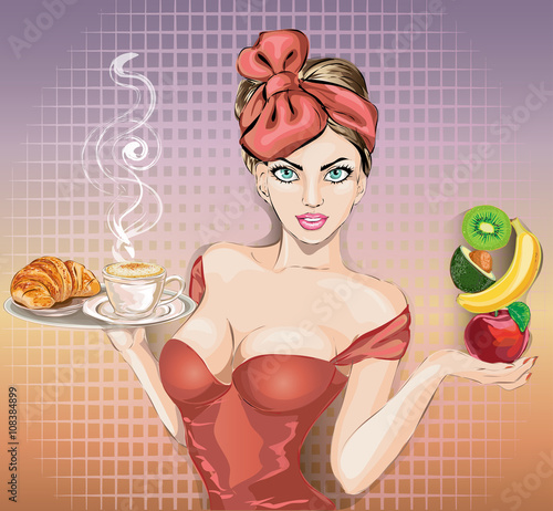 Pop Art woman with food tray. Pin-up fashion girl