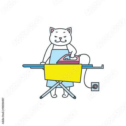 Funny white cat ironing clothes with electric iron. Doodle vector illustration isolated on white background.