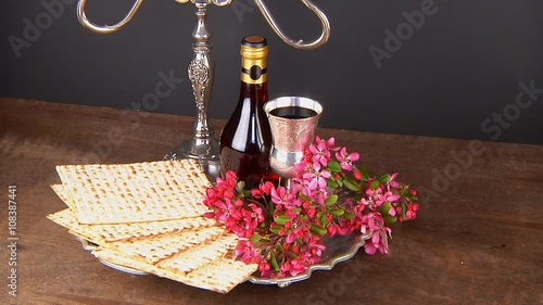 Pesach matzo passover with wine and matzoh jewish passover bread
 photo