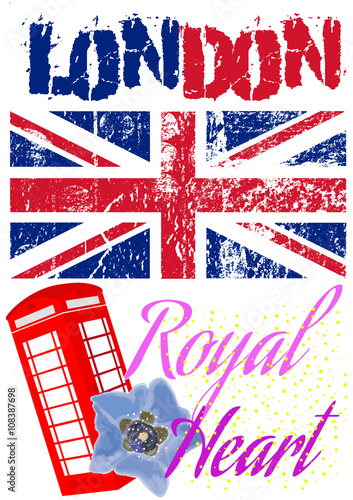 Colorful and grunge London T-shirt and apparel graphic design with "London, royal heart" text, grunge British flag, British red telephone booth and watercolored colorful flower on a white background 