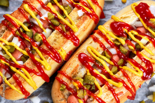 Hot Dogs with sausage, onion, pickles mustard and ketchup.