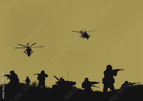 Illustration, the soldiers going to attack and helicopters.