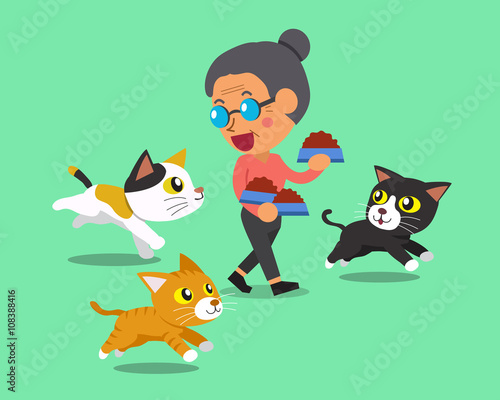 Cartoon senior woman feeding cats