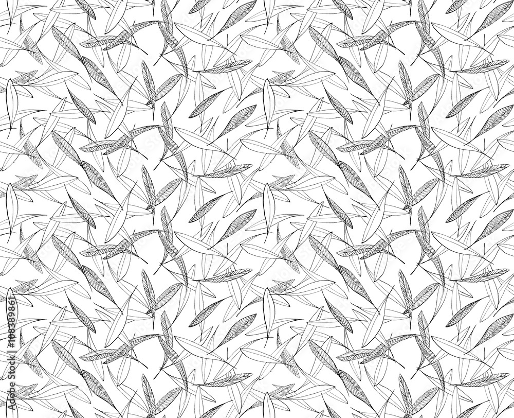 Leaves seamless hand drawn pattern black ink on white background