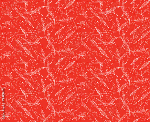 Leaves seamless hand drawn pattern white ink on red background