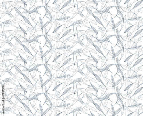Leaves seamless hand drawn pattern blue ink on white background