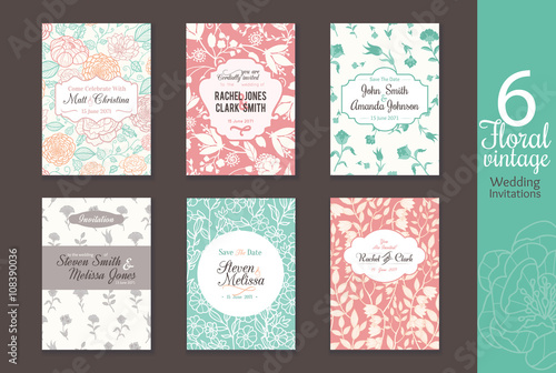 Six vintage floral wedding, save the date invitations card set with bride and groom names, text, repeat pattern backgrounds perfect for any event.