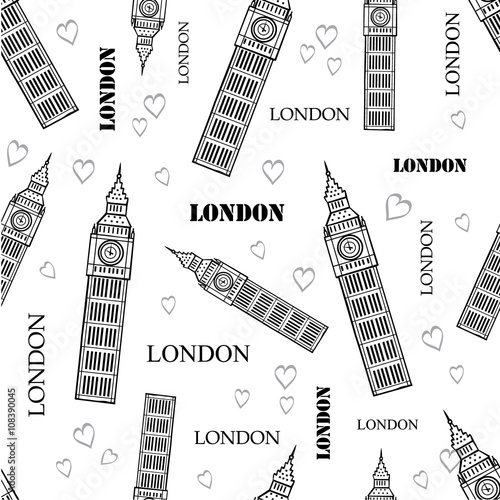 Vector London Symbols Black White Seamless Pattern With Big Ben Tower, Hearts...