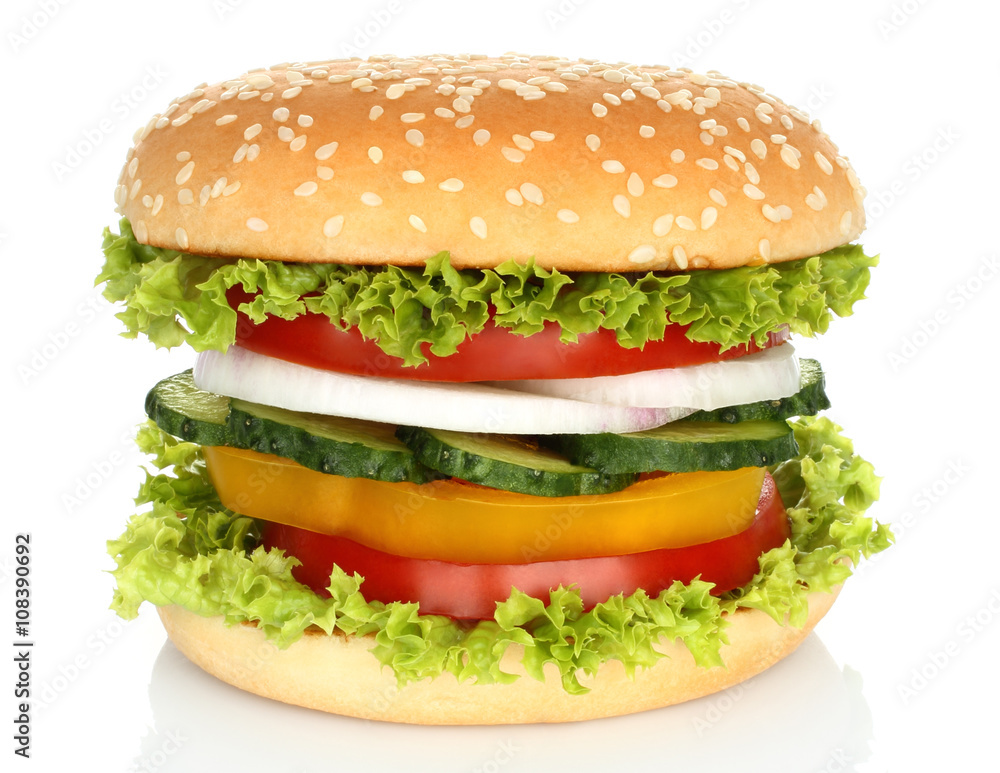 Healthy vegan burger with raw vegetables on white background Healthy vegan burger with raw vegetables on white background
