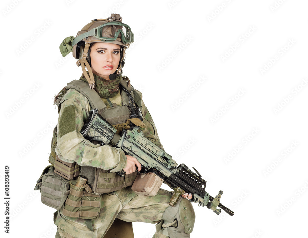 Fototapeta premium soldier or private military contractor with rifle. war, army, weapon, people concept. Image on a white background.