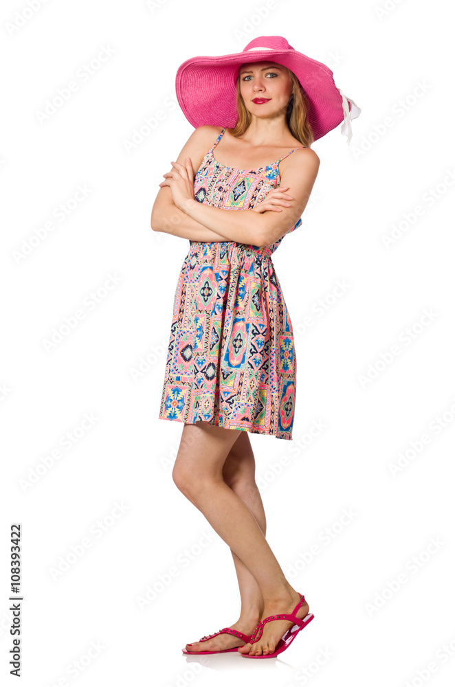 Girl in summer light dress and hat isolated on white Girl in summer light dress and hat isolated on white